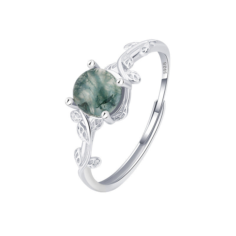 Silver Green Moss Ring Water Plants Agate Stone Finger Ring