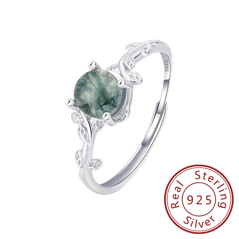 Silver Green Moss Ring Water Plants Agate Stone Finger Ring